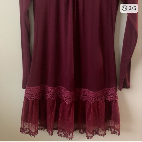 ANTHROPOLOGY Ryu Long Sleeve Maroon Lace Ruffle Trim Dress - Picture 2 of 3